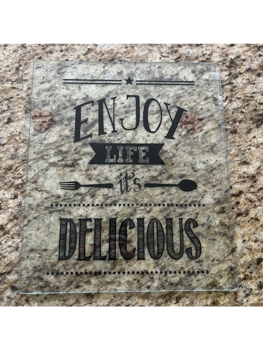 Decorative Glass Cutting Board with quote “Enjoy Life it’s Delicious” 12x14in